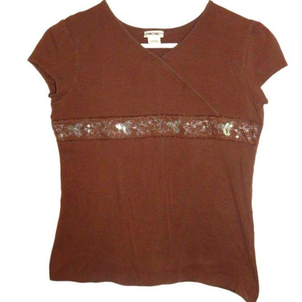 Cherokee Sequin Lace Accent T‑Shirt Girls Large 10/12 Dark Brown Vintage